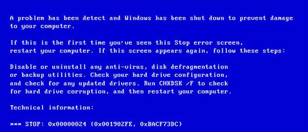 Ошибка 00000024 Windows xp